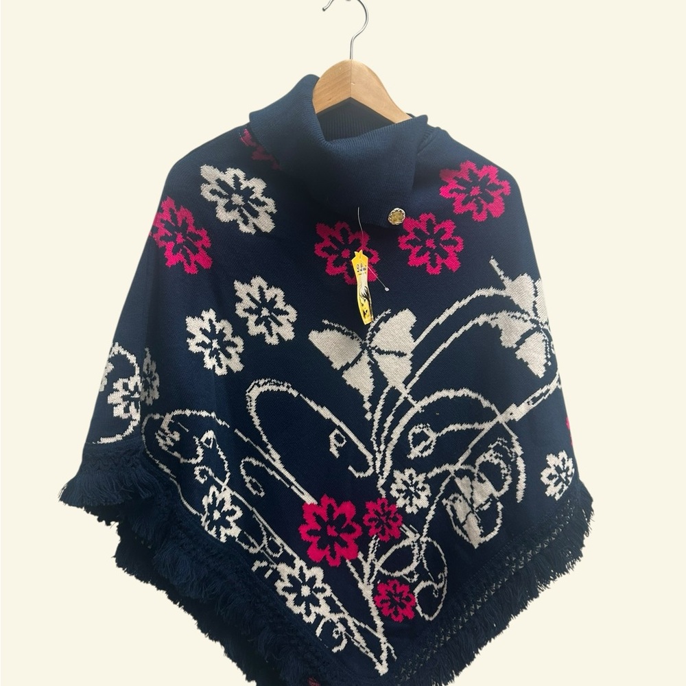 D-Line Navy Poncho with Pink and White Floral Design - Picture 2 of 3